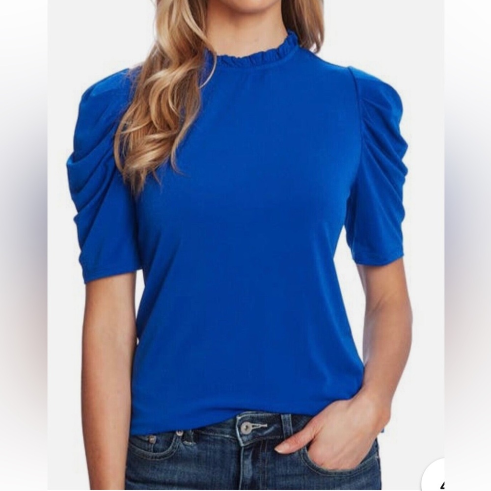 Cece Royal blue top with ruffle neckline and pleated sleeves